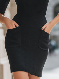 Black Ribbed Turtleneck Knit Dress With Short Sleeves