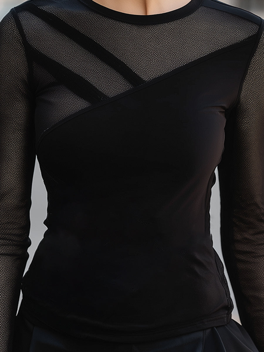 Mesh Paneled Asymmetric Long-Sleeve Fitted Top