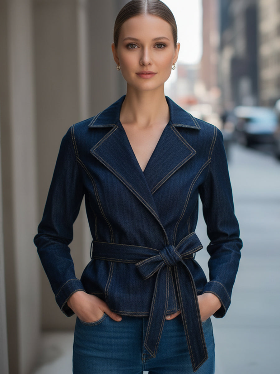 Denim Belted Wrap-Style Blazer With Contrast Stitching