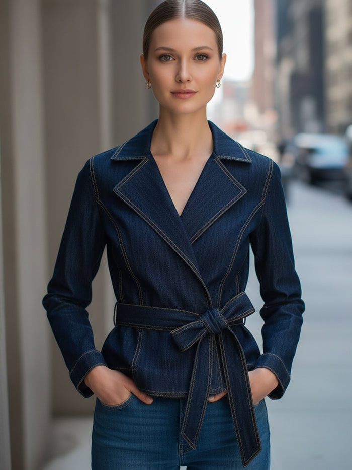 Denim Belted Wrap-Style Blazer With Contrast Stitching
