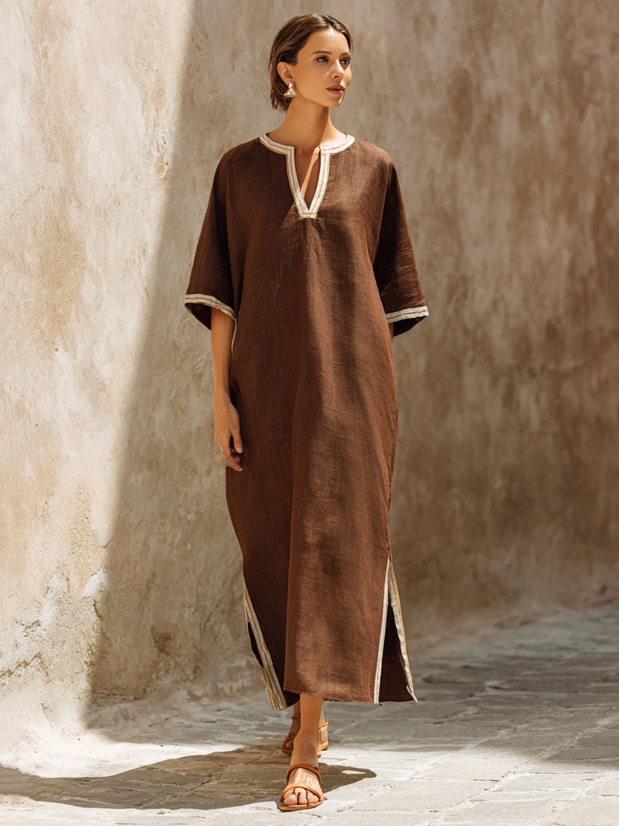 Ethereal Earth-Tone Linen-blend V-Neck Maxi Dress