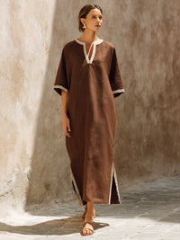 Ethereal Earth-Tone Linen-blend V-Neck Maxi Dress