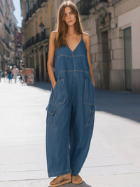 V-Neck Denim Cargo Wide-Leg Jumpsuit