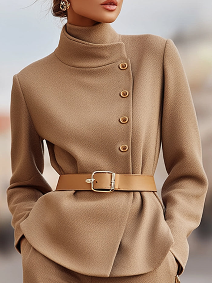 High-Collar Belted Pantsuit