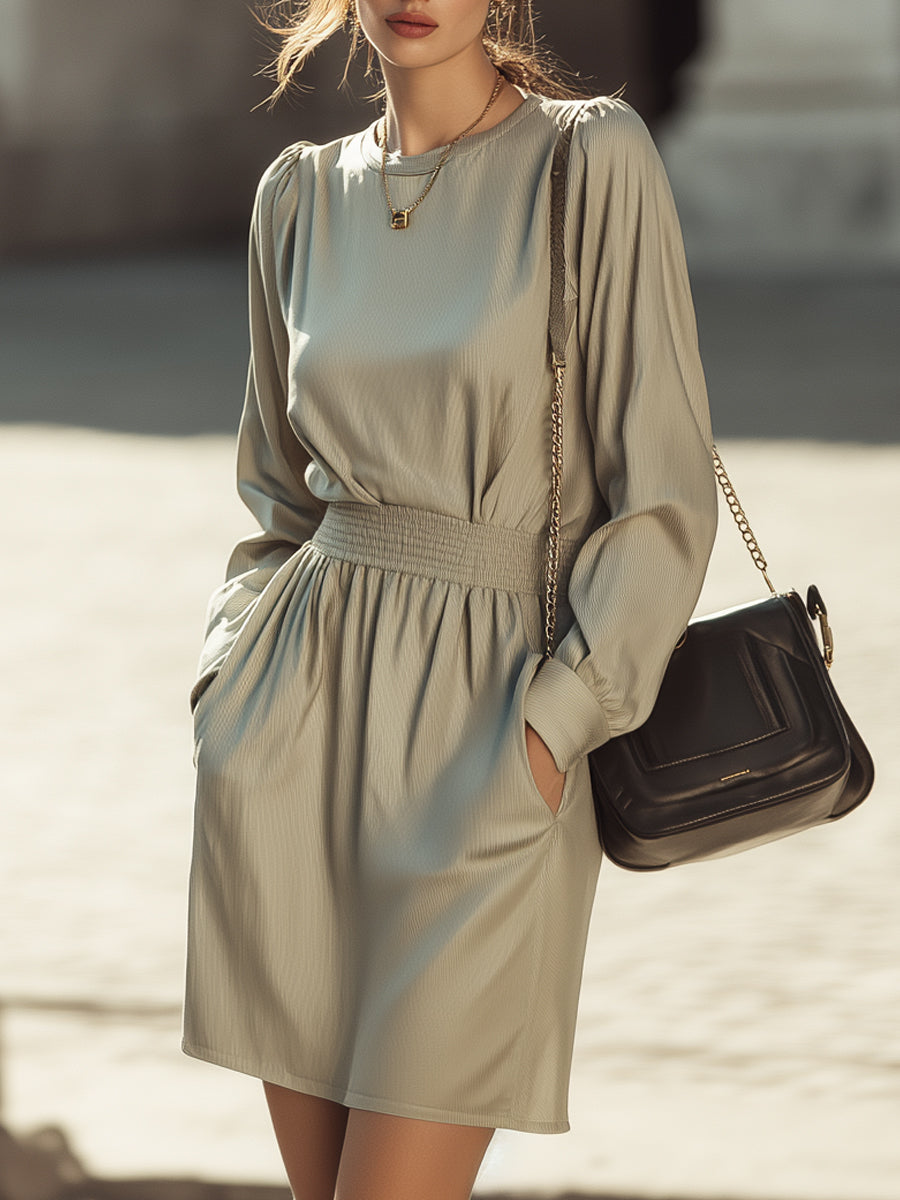 Soft  Elastic-Waist Long Sleeve Mini Dress