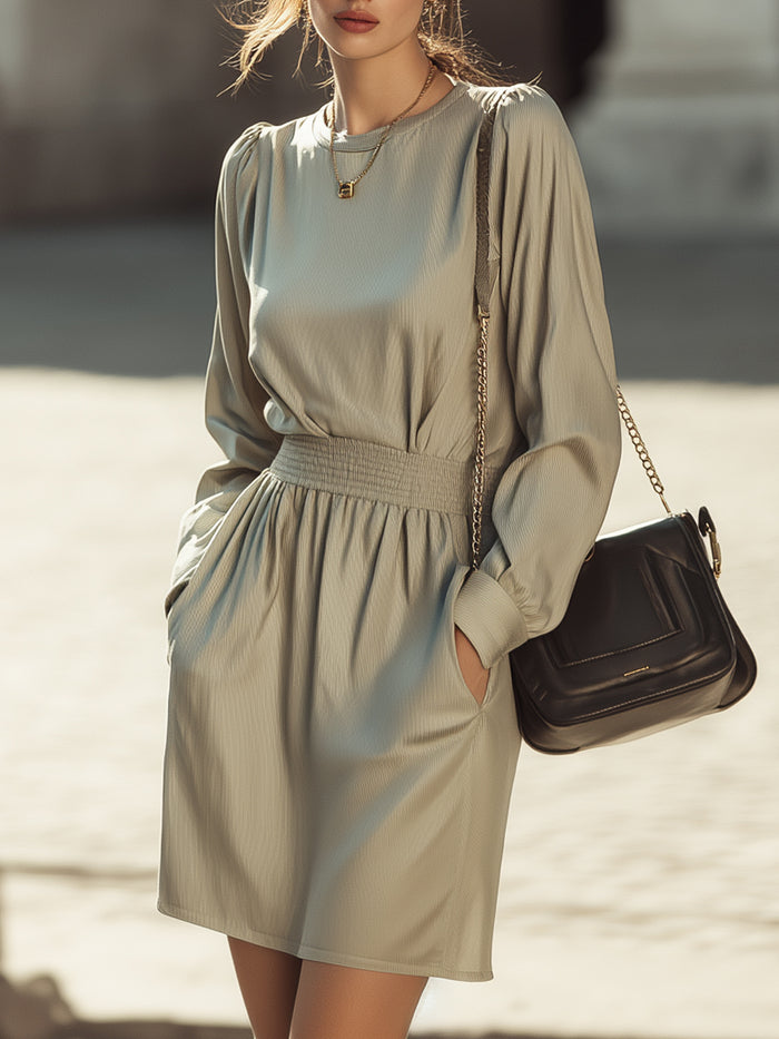 Soft  Elastic-Waist Long Sleeve Mini Dress