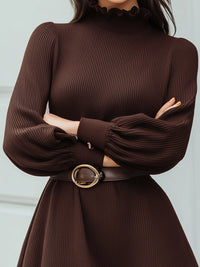 Brown Ruffle Collar Knit Dress With Belt
