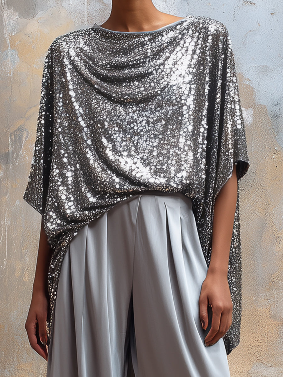 Sequin Drape Cape Top & Wide-Leg Pants Elegant Set