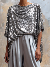 Sequin Drape Cape Top & Wide-Leg Pants Elegant Set