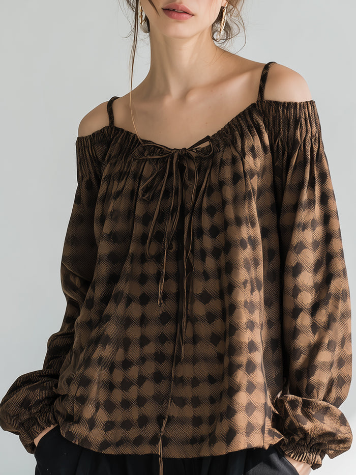 Printed Off-Shoulder Tie-Front Blouse With Adjustable Straps