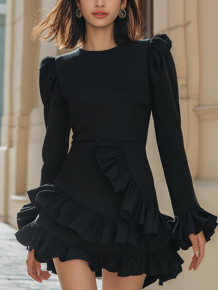 Black Ruffled Long Sleeve Dress