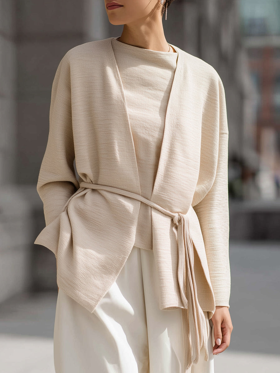 Beige Belted Wrap Cardigan With Inner Layer Two-piece Set