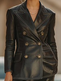 Faux Leather Double-Breasted Pantsuit