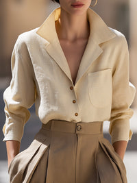 Soft Linen Blend Open-Collar Blouse In Wheat