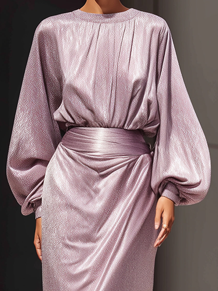 Shimmering Lilac Draped Long-Sleeve Evening Gown
