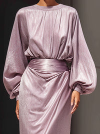 Shimmering Lilac Draped Long-Sleeve Evening Gown