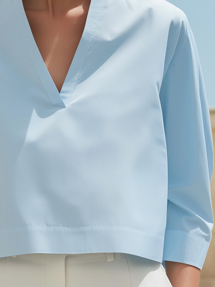 Modern V-Neck Stand Collar Cropped Blouse – Minimalist Elegant Top