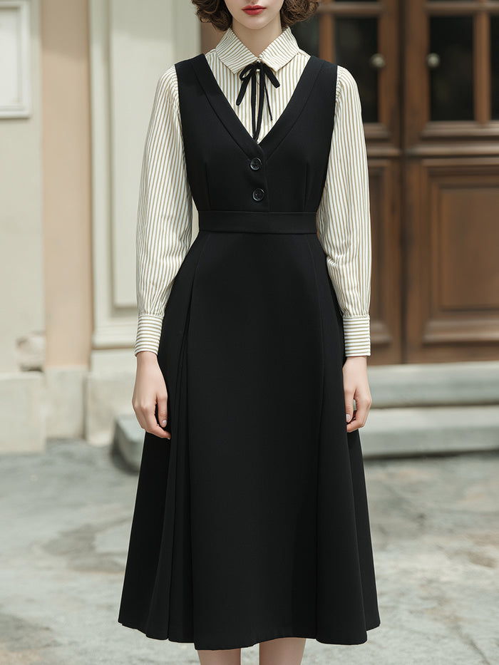 Black V-neck A-line Layered Midi Dress And Striped Shirt Set