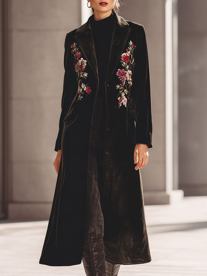 Black Velvet Embroidered Long Coat