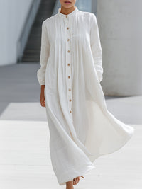 Pintuck Button-Front Linen Maxi Shirt Dress