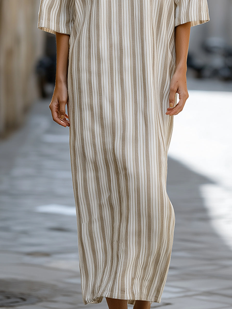 Loose V-Neck Cotton Linen Striped Long Dress