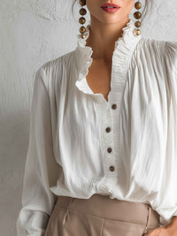 Ruffled Collar Pleated Button-Front Blouse