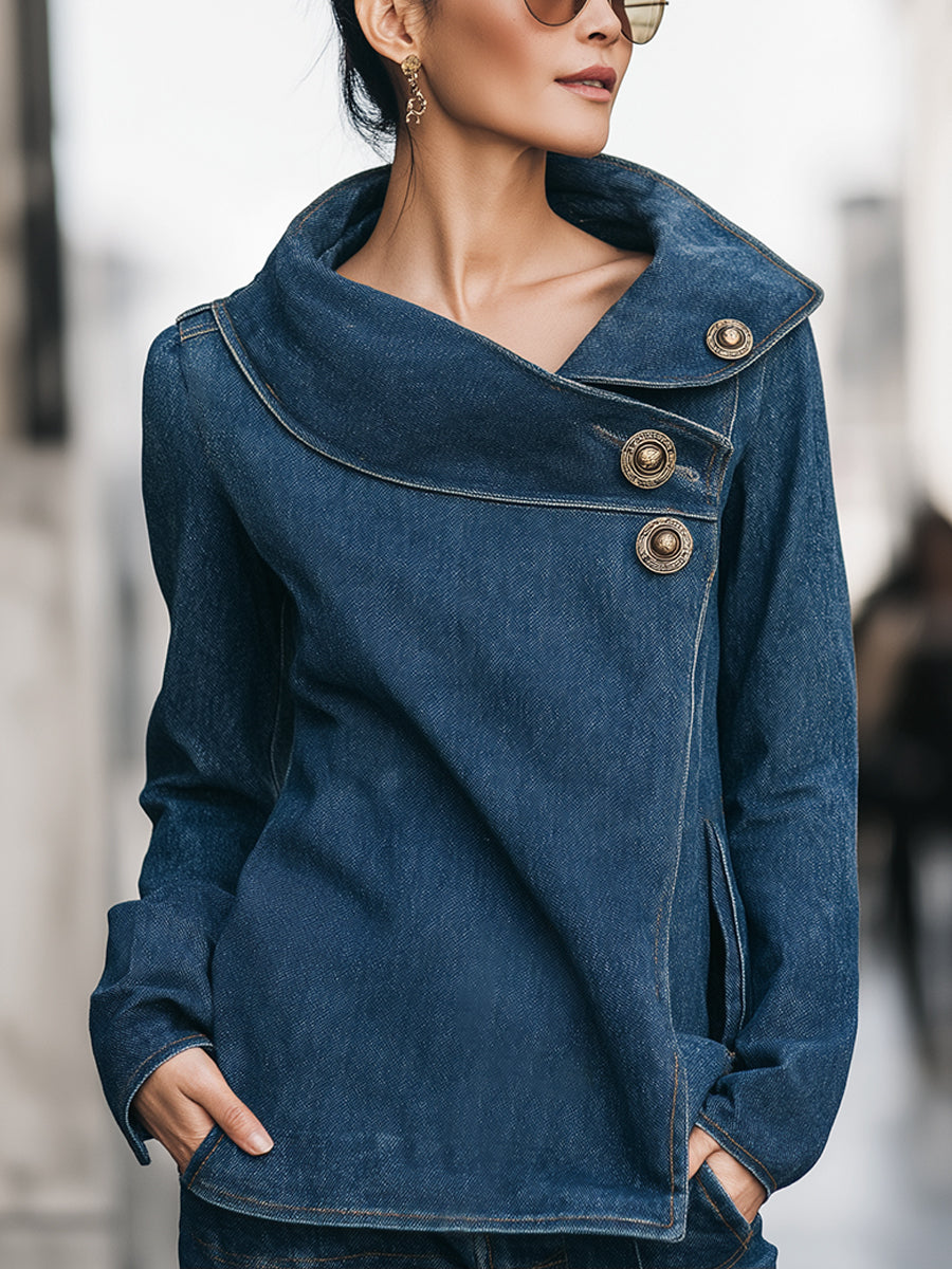 Asymmetric Denim Jacket With Statement Buttons