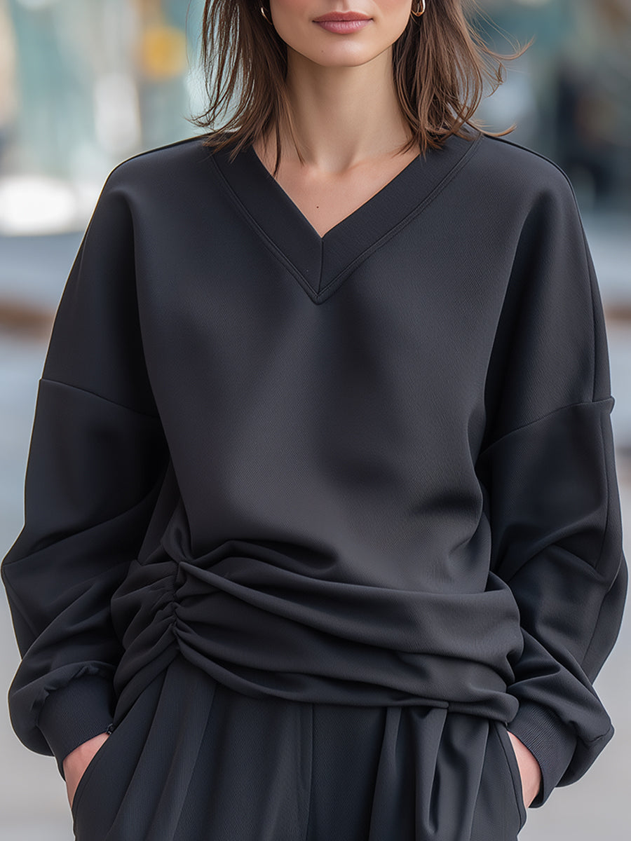 Ruched Waist V-Neck Relaxed Top