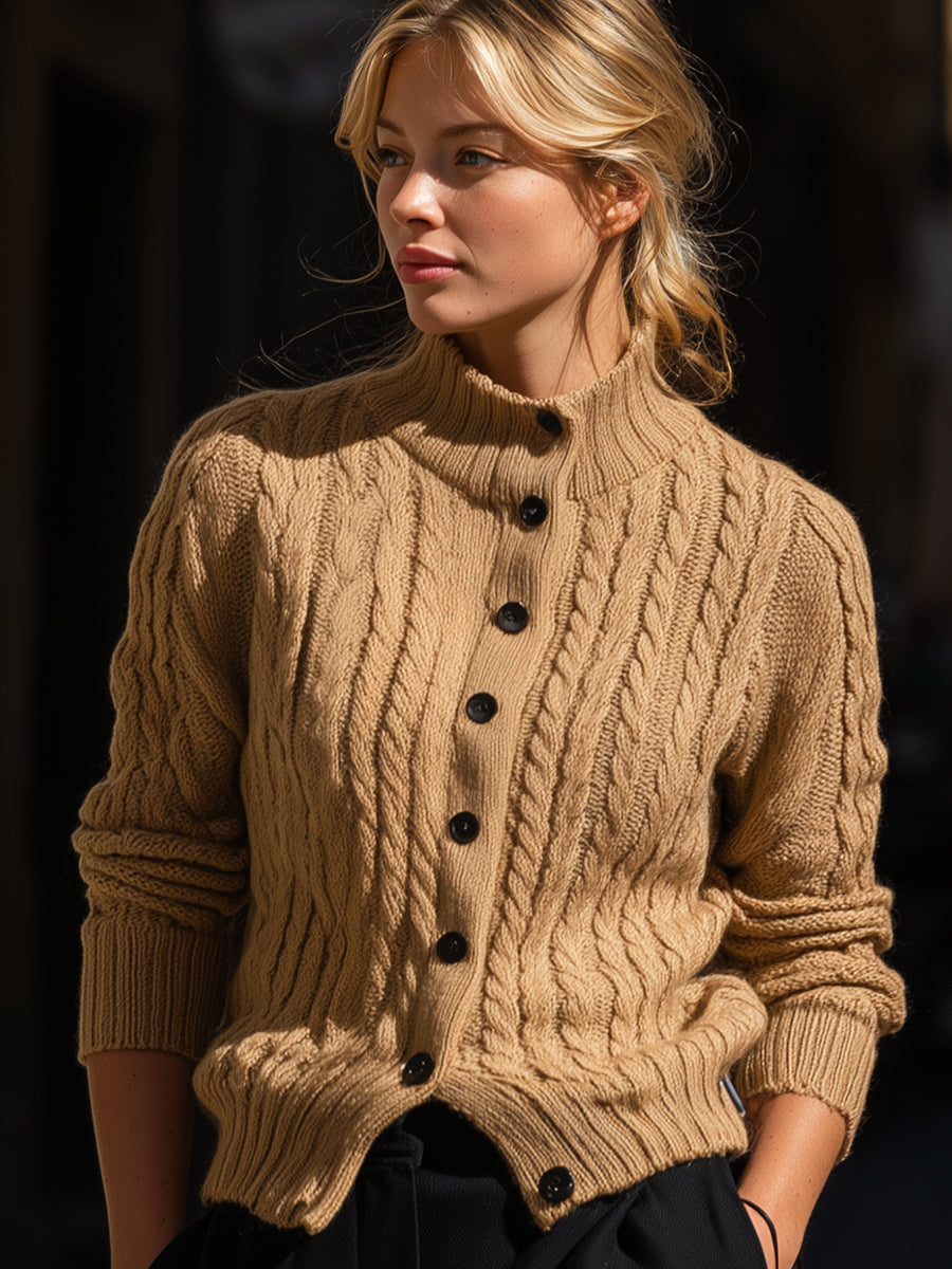 Camel Cable Knit Button-Up Cardigan