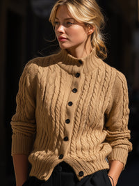 Camel Cable Knit Button-Up Cardigan