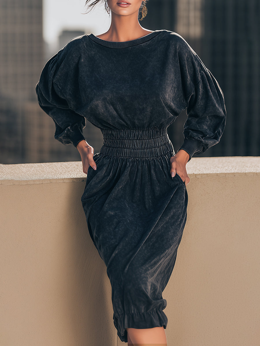 Black Washed Smocked-Waist Puff-Sleeve Midi Dress