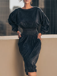 Black Washed Smocked-Waist Puff-Sleeve Midi Dress