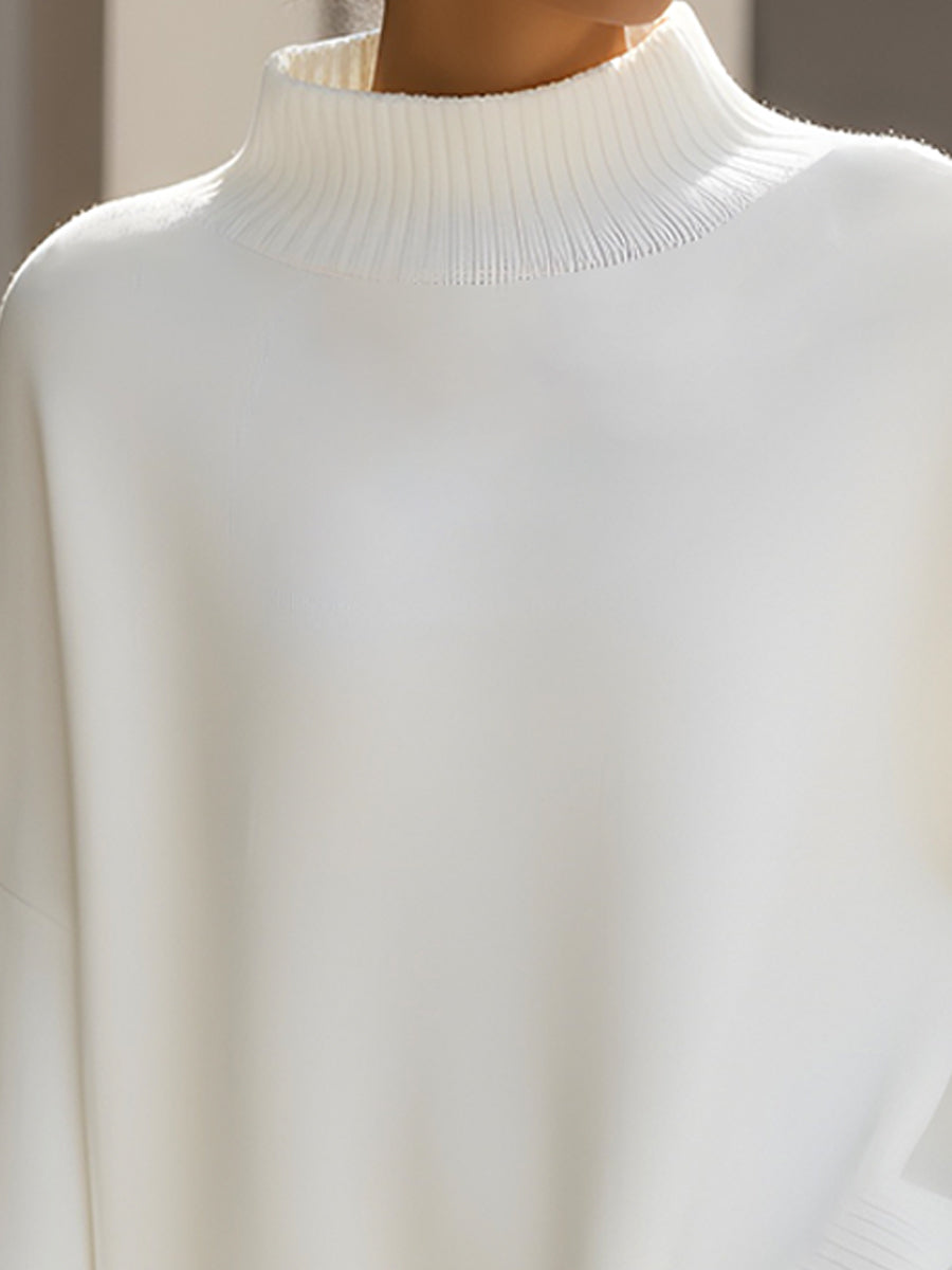 Ivory Asymmetric Ribbed Turtleneck Poncho Sweater
