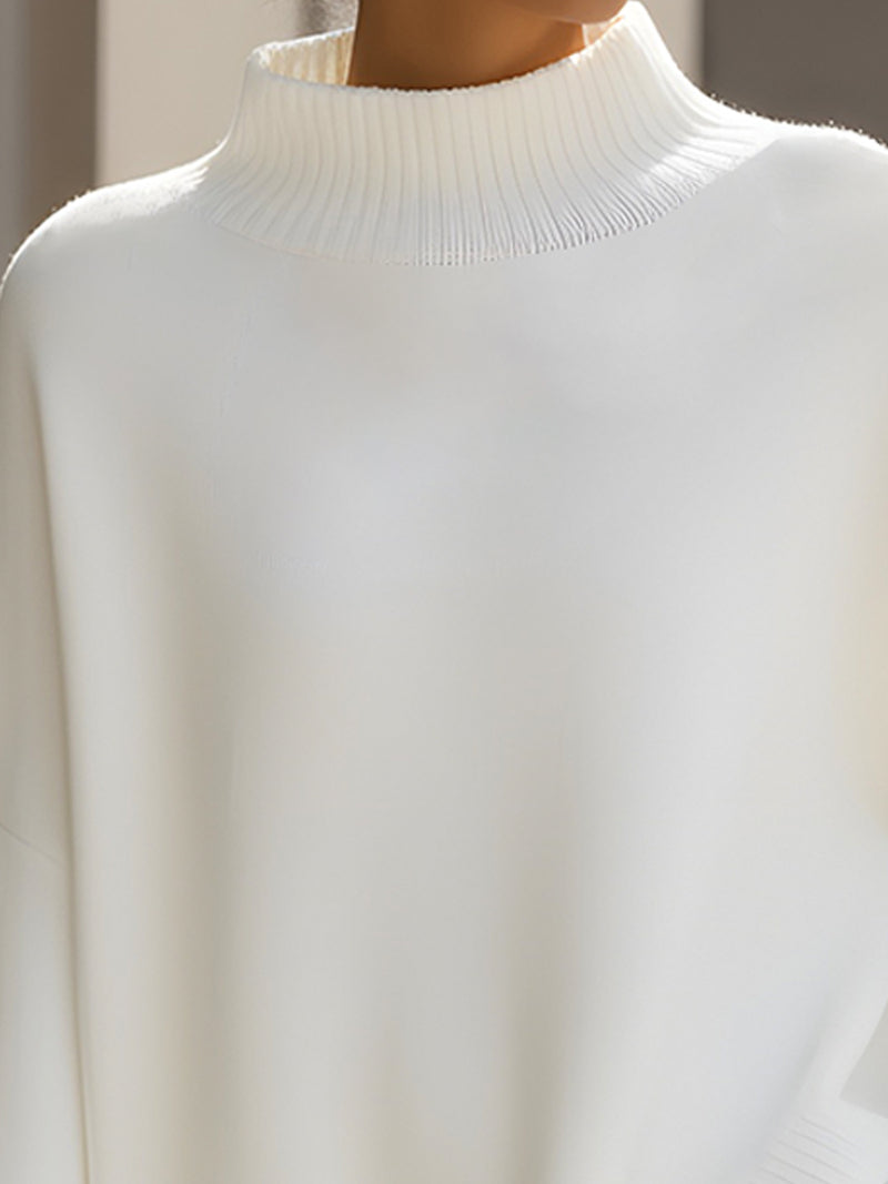 Ivory Asymmetric Ribbed Turtleneck Poncho Sweater