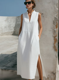 Women’s Sleeveless Stand Collar V-Neck Side Slit Midi Dress With Pockets