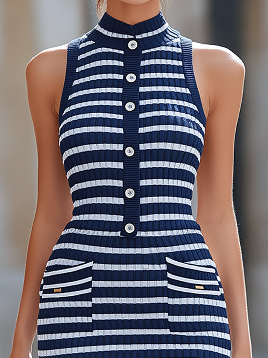 Sleeveless Ribbed Stripe Button-Front Midi Knit Dress