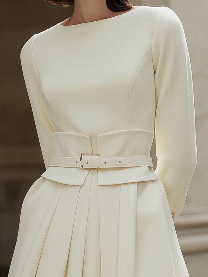 Elegant Pleated Belted Cream Dress