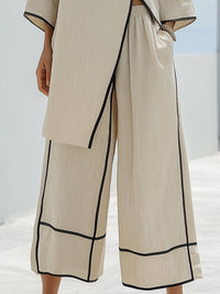 Color-blocked Piping Asymmetrical Loose Top And Wide-leg Pants Set