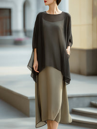 Sheer Overlay Layered Midi Dress Set