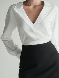 White Deep V-Collar Blouse With Black Mini Skirt Set