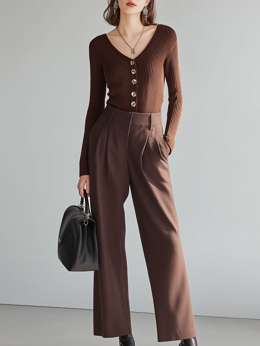 Chocolate Brown Ribbed Knit Top & Tailored Wide-Leg Pants Set