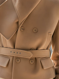 Structured Camel Wool Jacket With Asymmetric Collar And Belted Waist