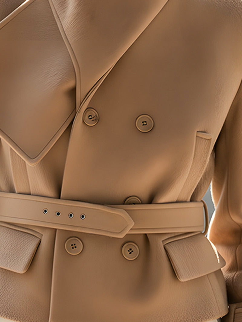 Structured Camel Wool Jacket With Asymmetric Collar And Belted Waist