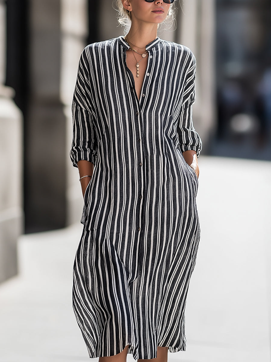 Relaxed Vertical Stripe Button-Front Midi Shirt Dress