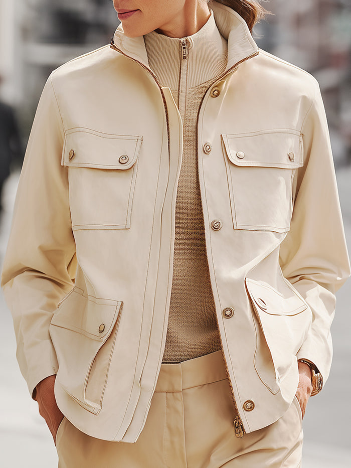 Beige Utility Pocket Worker Jacket