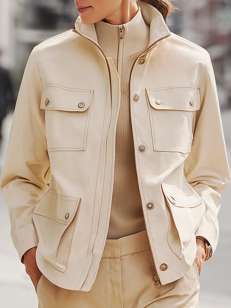 Beige Utility Pocket Worker Jacket