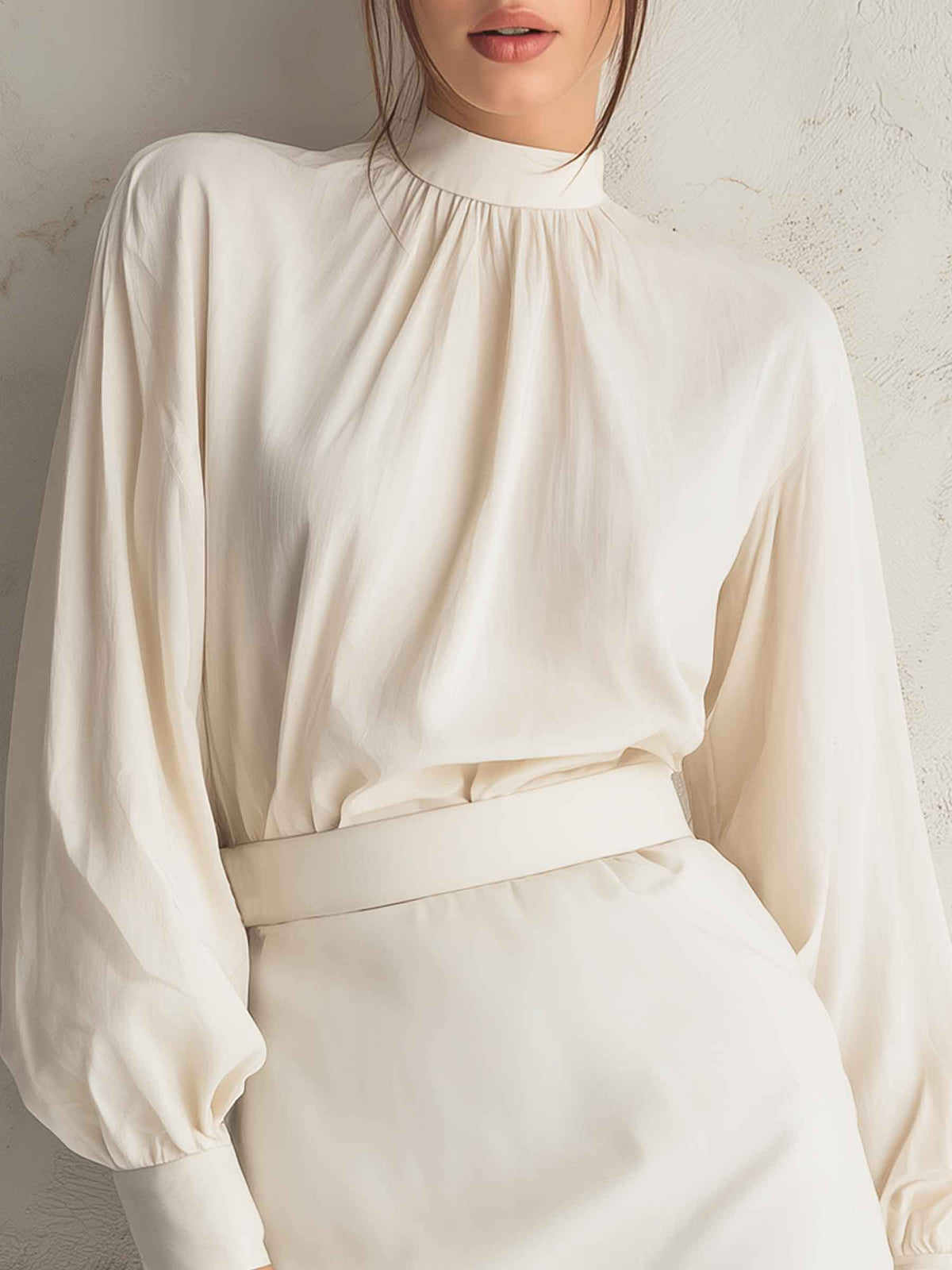 High-Neck Draped Blouse & Tailored Mini Skirt Set