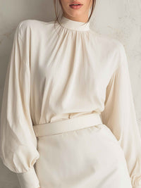 High-Neck Draped Blouse & Tailored Mini Skirt Set