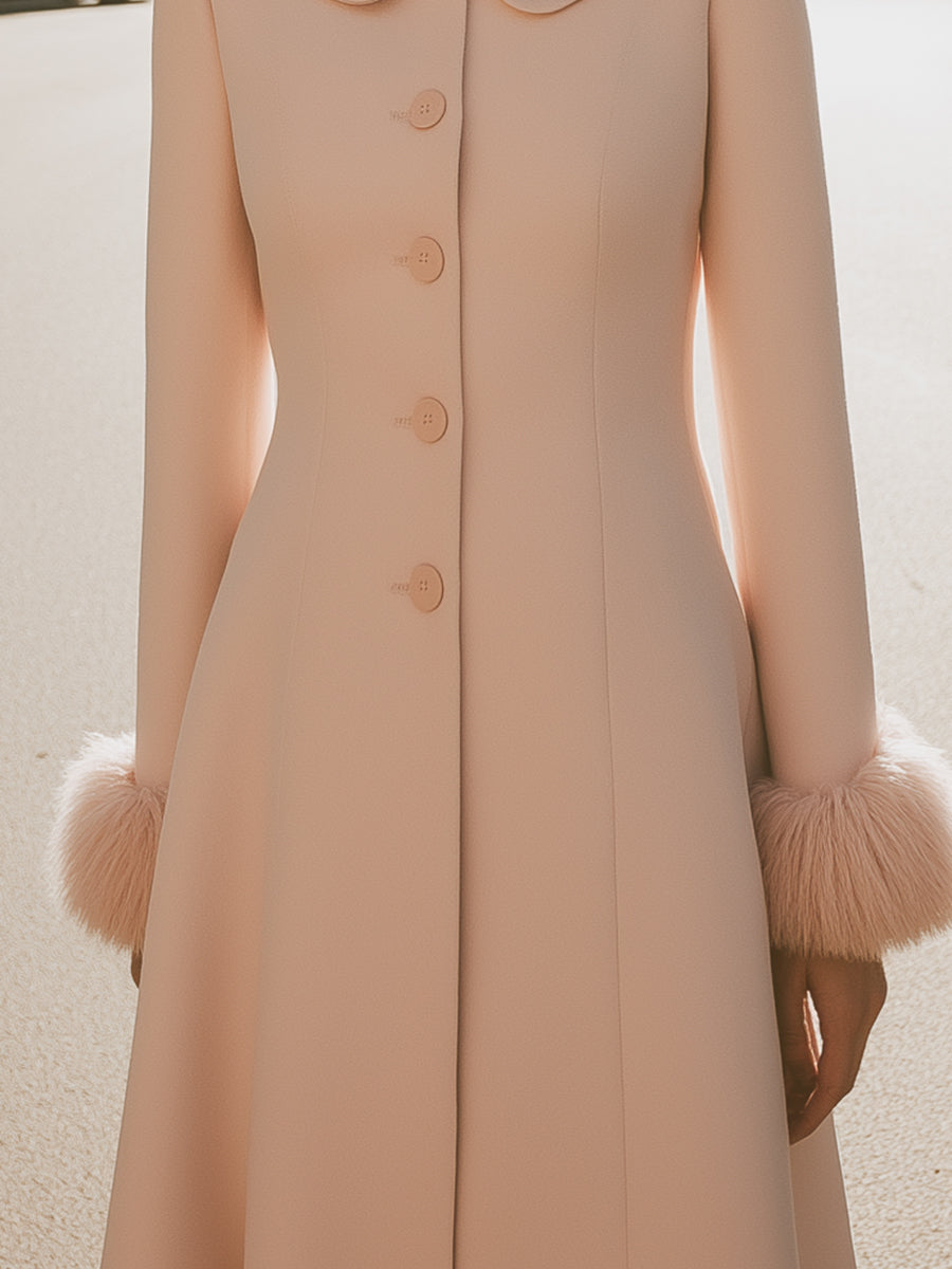 Blush Pink Coat Dress With Peter Pan Collar And Fur Cuffs