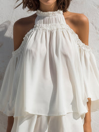 Ruffled Cold-Shoulder Blouse & Flowing Shorts Set
